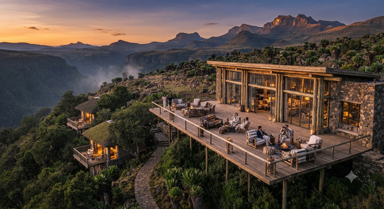 Luxury lodge terrace above the Ethiopian highlands at dusk