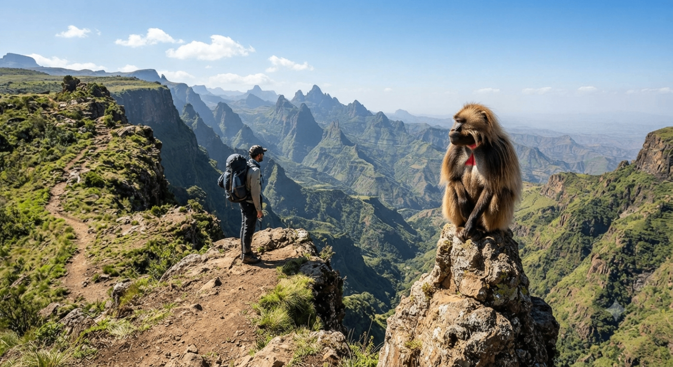 Gelada baboon overlooking the Simien Mountains escarpment