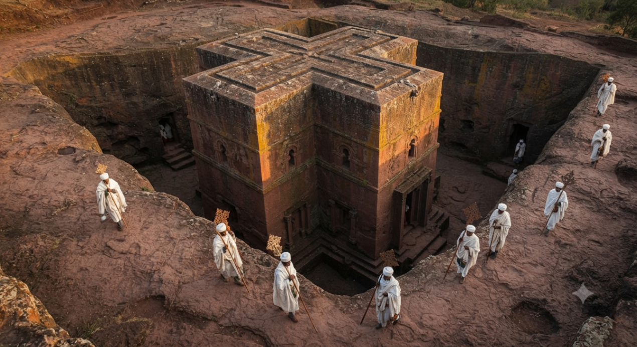 Priests walking around the rock-hewn church of Lalibela