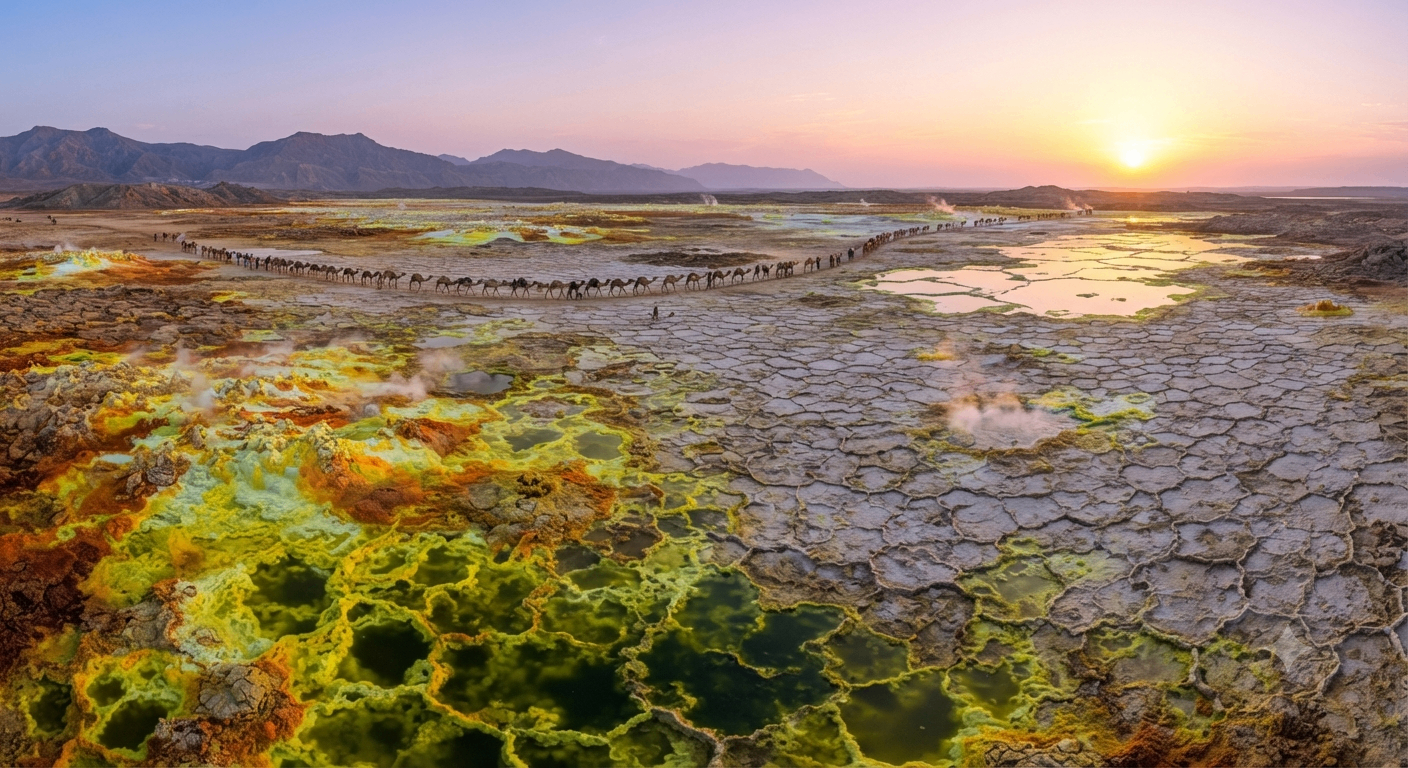 Sunrise over the Danakil Depression salt flats in Ethiopia