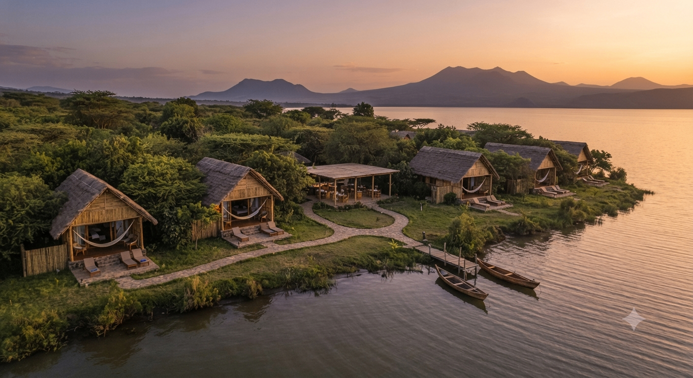 Lakeside eco-lodges at sunset in Ethiopia's Rift Valley
