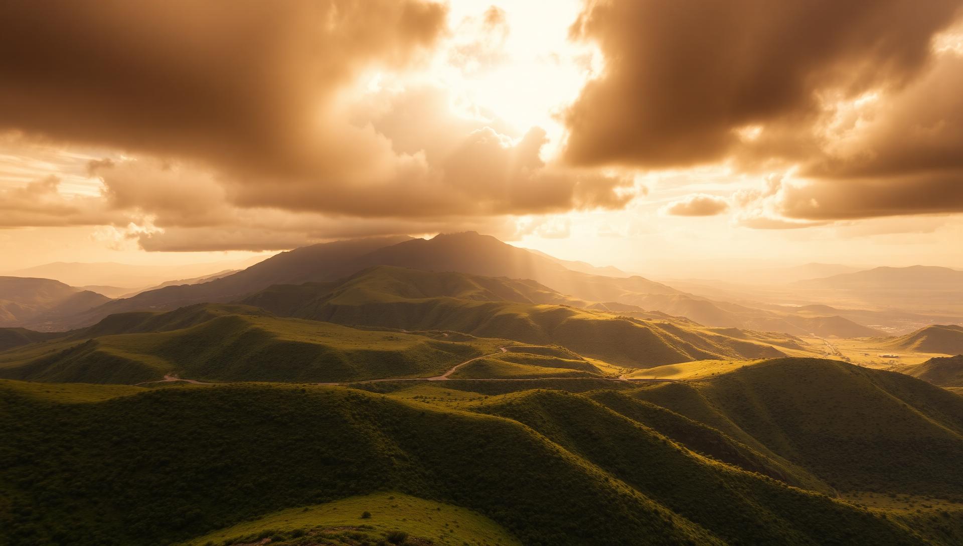 Rolling green highlands of Ethiopia at golden hour